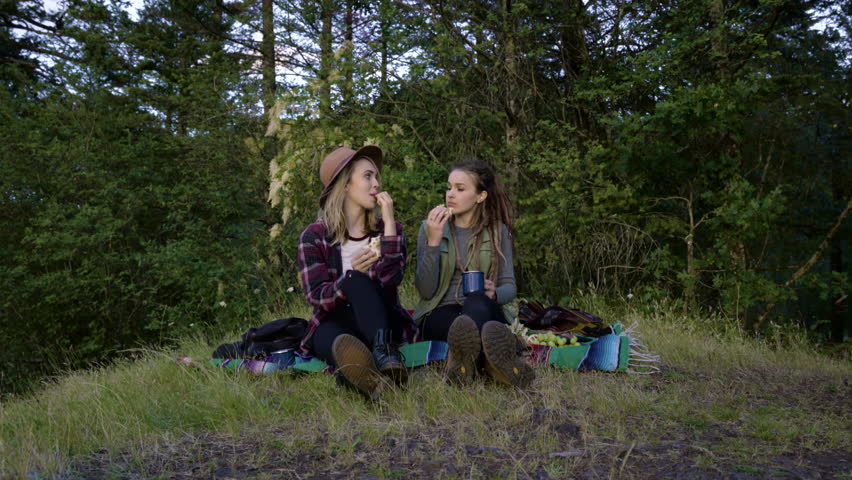 Hikers Enjoy A Picnic And Conversation In A Field 