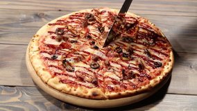 Close up pizza on an old wooden desk