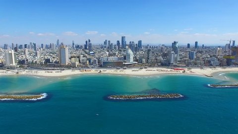 Tel Aviv skyline - Moving in from the mediterranean sea, Aerial footage