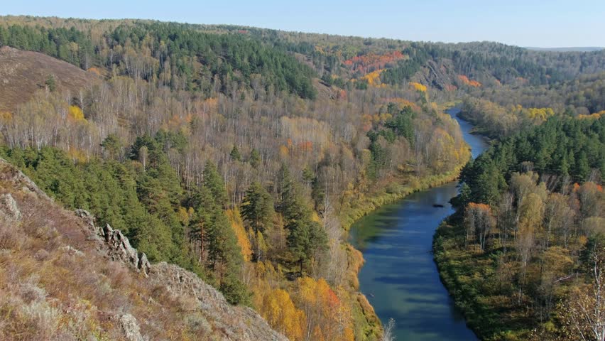 Horizontal, panorama of Salair river Berd in Autumn season. Siberia, Russia
