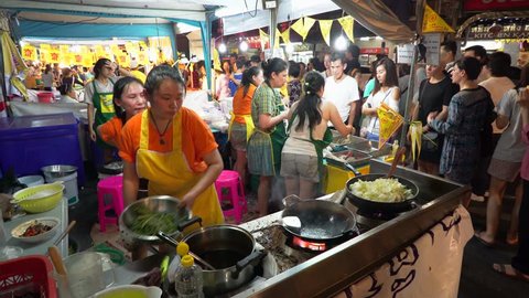 Bangkok, Thailand - OCT 1: Many roadside food stalls have a good sale because so much customer come to shopping at Chinese Vegetarian Festival On 1 October 2016, Yaowarat road, Thailand