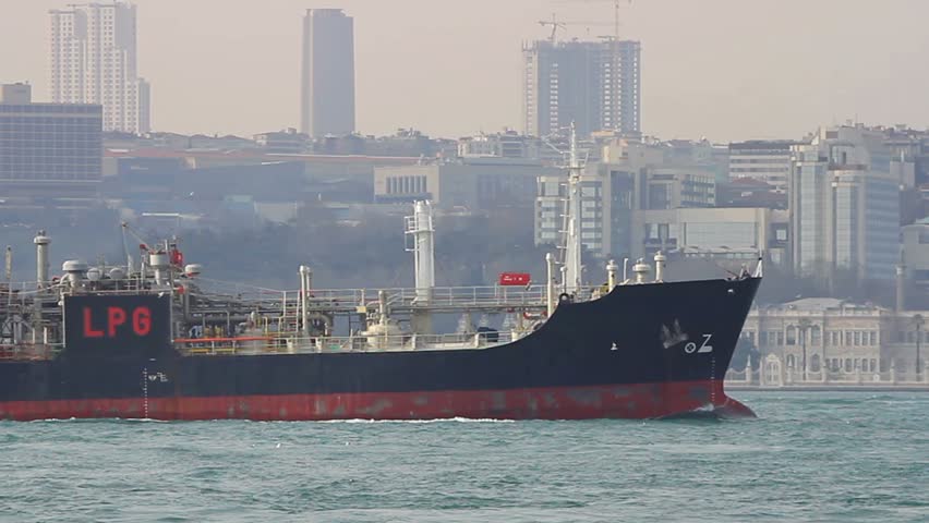 Tanker ship sails in front of Istanbul city. Zoom in of Liquefied Petroleum Gas,