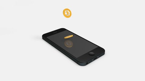 Bitcoins fall into a smartphone. Blockchain Payments Concept. Bitcoin is a secure decentralized digital currency (also called crypto-currency).