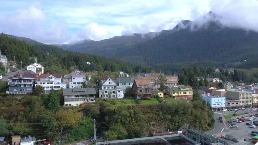 A high angle aerial view of Ketchikan, Alaska in the day.  	