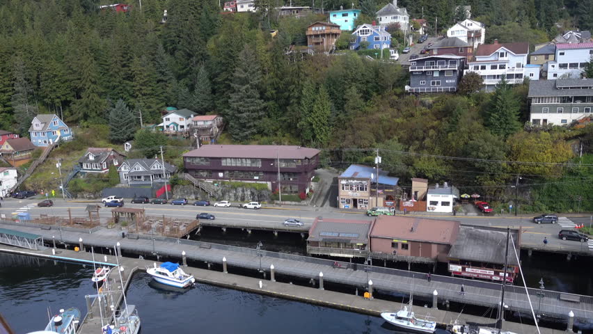 A high angle aerial view of Ketchikan, Alaska in the day.  	