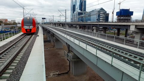 MOSCOW, RUSSIA - SEPTEMBER, 25, 2016: Moscow center ring (MC?) type of surface passenger transport in Moscow, plying the small ring of the Moscow railway. Opened September 10, 2016