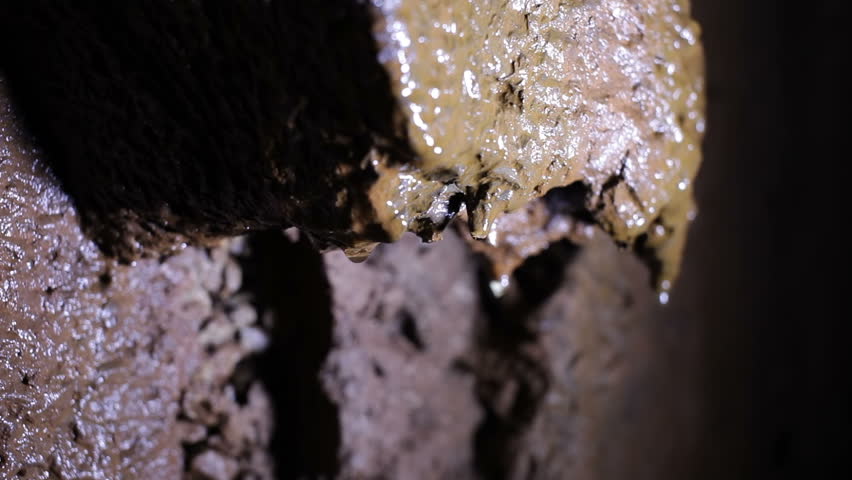 Water drop from the stone build-up in the wall in cave