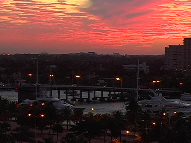 Sunset over bridge and beach