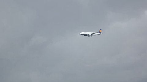 FRANKFURT AM MAIN, GERMANY - SEPTEMBER 4, 2015: Lufthansa Airbus 320 approaching on runway 25R. Unofficial spotting in Fraport on Sep. 4, 2015