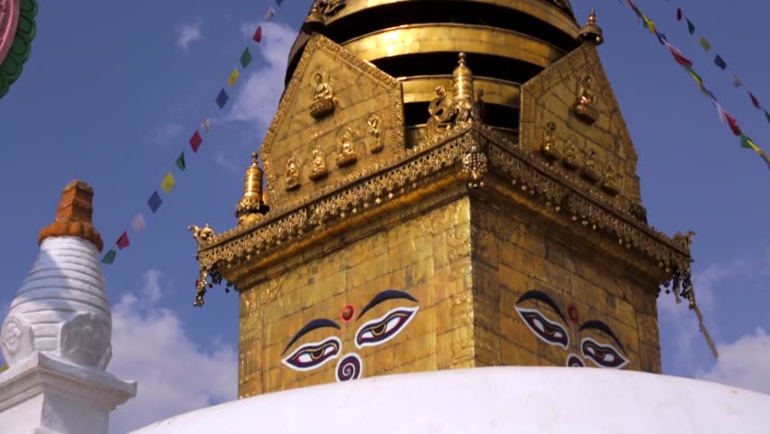 Swayambhunath stupa near Boudhanath Stupa in Kathmandu closeup, Nepal (also called Boudha, Bouddhanath or Baudhanath)