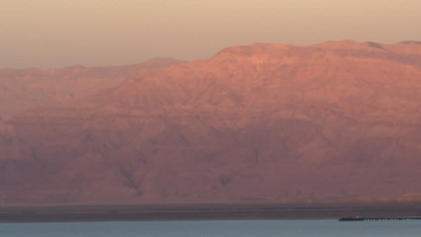 Dead Sea and mountains at sunset shot in Israel.