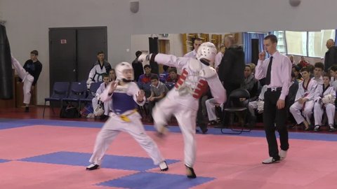 Orenburg, Russia - 27 March 2016: The boys compete in taekwondo among Juniors.