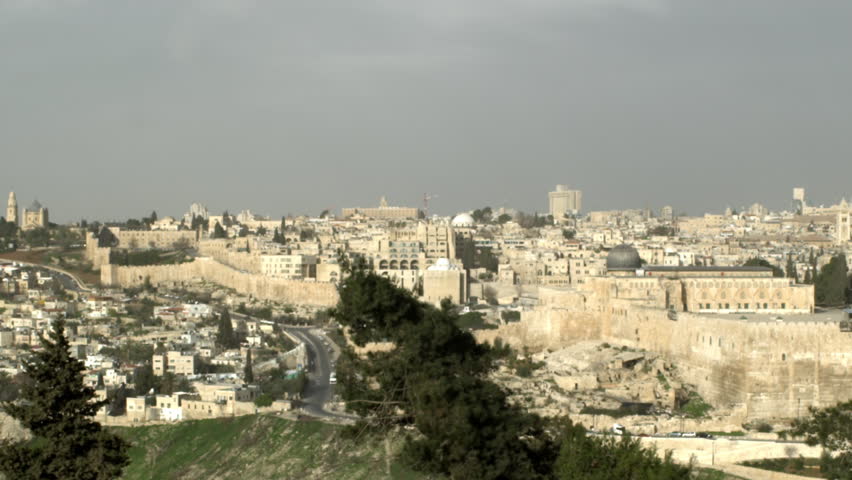 Jewish Cemetery and Old Jerusalem at sunrise filmed in Israel.