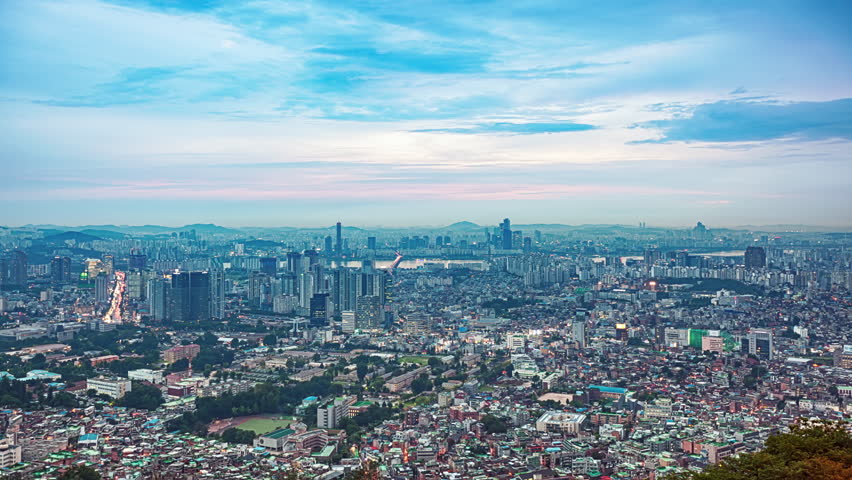 Seoul sunset skyline time lapse panorama, view from N Seoul Tower