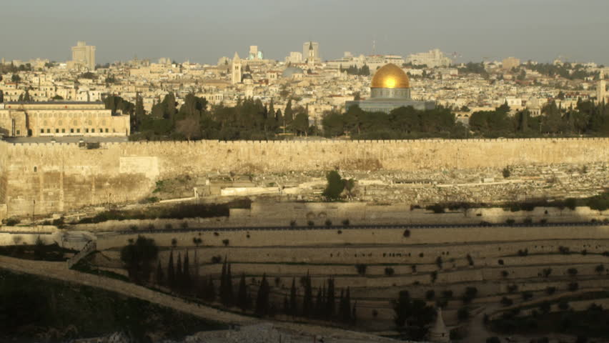 Old Jerusalem at sunrise filmed in Israel.