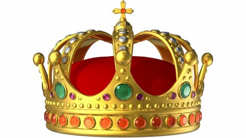 Rotating golden royal crown isolated on white background with alpha mask