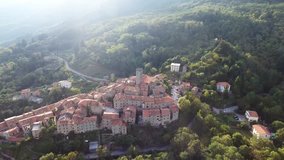 Aerial shot, gorgeous classic small italian village on the hill flyover, in middle of the green nature, made with drone
