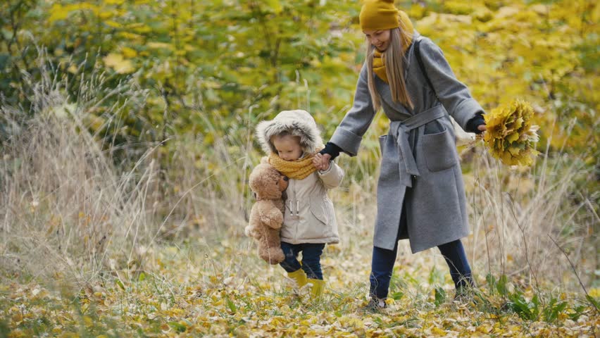 Mother and her daughter little girl playing in a autumn park - mom gives child holding a herbarium and kicking yellow leaves