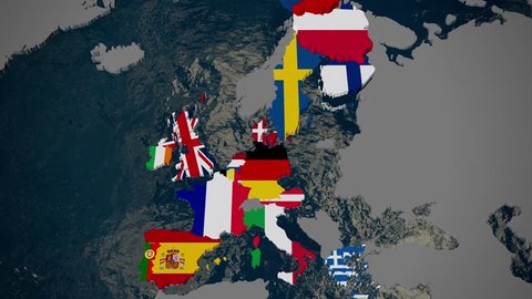 Map of Europe, member countries fall into place by join date, flags, 3D