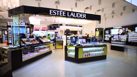 KUALA LUMPUR, MALAYSIA - APRIL 7, 2016: Estee Lauder store in duty free zone in KL International airport. American manufacturer and marketer of prestige skincare, makeup, fragrance, hair care products