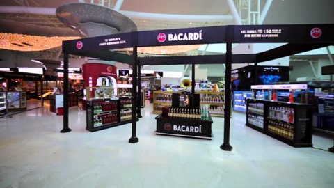 KUALA LUMPUR, MALAYSIA - APRIL 7, 2016: Bacardi store in duty free zone in KL International airport. It's the largest privately held company. Originally known for its eponymous Bacardi white rum