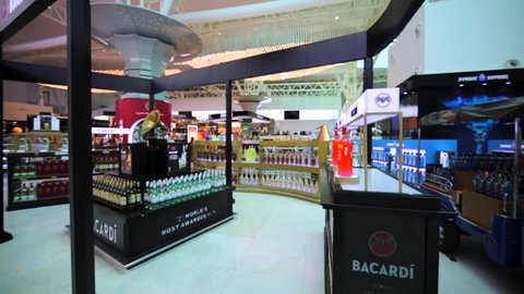 KUALA LUMPUR, MALAYSIA - APRIL 7, 2016: Bacardi store in duty free zone in KL International airport. It's the largest privately held company. Originally known for its eponymous Bacardi white rum