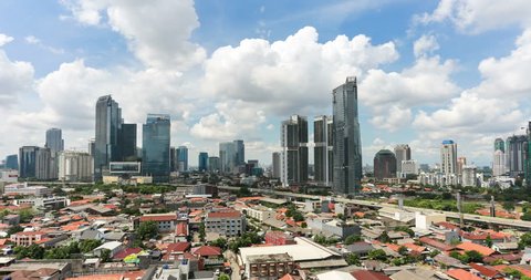 Time lapse, with a zoom out effect, of clouds moving above the business district between Kuningan and Sudirman in downtown Jakarta, Indonesia capital city on the Java island.