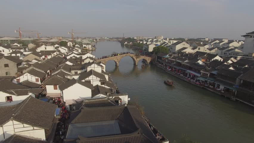 Aerial shot of old style bridge in Zhujiajiaozhen, Shanghai, China