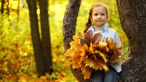 footage girl sitting on a tree and holding autumn leaves. HD video