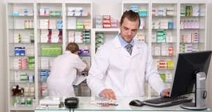 Pharmacist Man Woman Working Activity Teamwork Collaboration Pharmacy Inventory. Ultra High Definition, UltraHD, Ultra HD, UHD, 4K, 2160P, 4096x2160