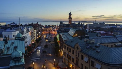 4K Timelapse video, aerial view of the beautiful city - Helsingborg, Sweden from sunset to night
