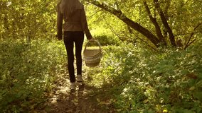 Slow motion steadicam video of a girl in a brown jacket walking through autumn forest carrying a basket