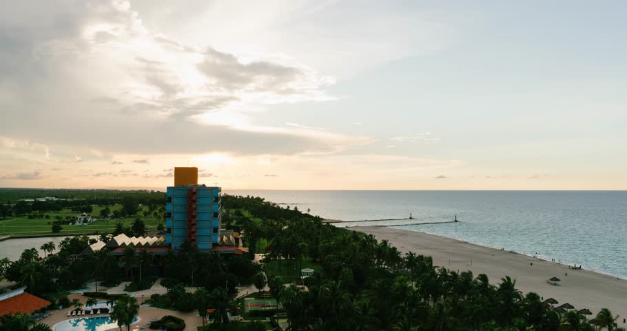 Sunset on the beaches of Cuba view from the roof to the hotel, the Atlantic Ocean and the beach Timelapse