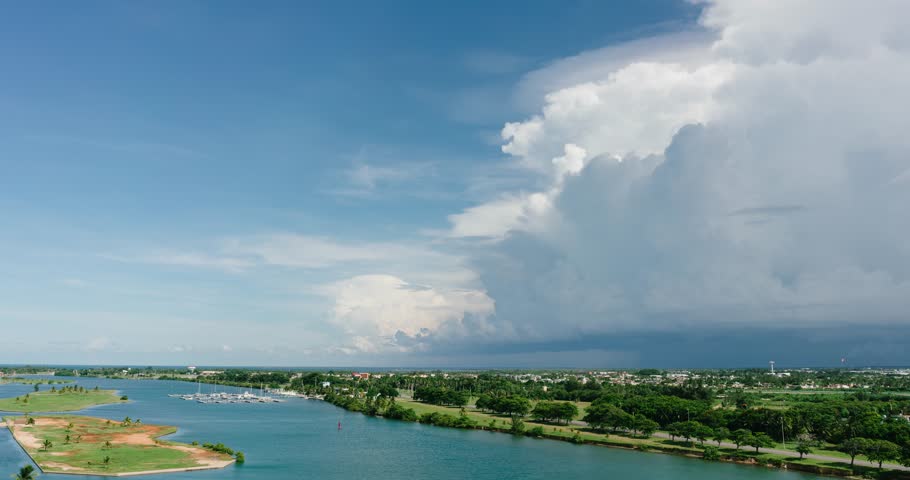The movement of clouds in the sky resort of Varadero, the view from the roof to the sand bar. Cloudy sky Cuba. Timelapse