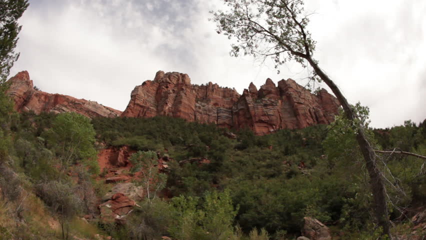 A stationary panorama of a mountain in the Zion National Park