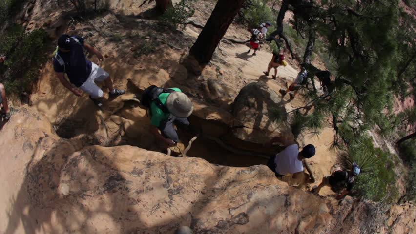 Hikers going down the path from above