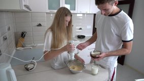 Adding flour, mix with eggs milk and sugar, cooking pancakes