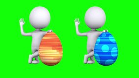 3d Men with Red an Blue Easter Eggs on green screen chroma key. Easter holiday and welcome concept. Happy Easter. Available in 4K FullHD and HD video render footage.