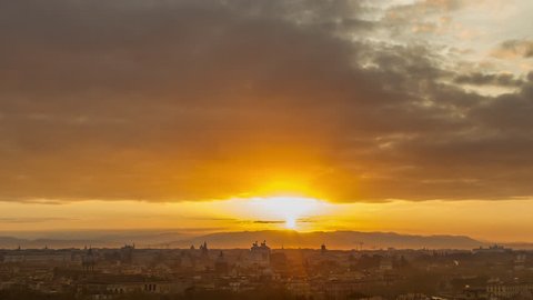 Aerial Timelapse of sunrise above the Rome city, Italy. April, 2016. Time lapse.