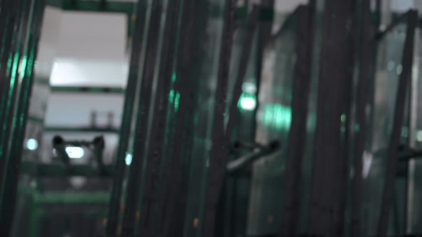 Glass for glazed windows. Warehouse for glass. 4k