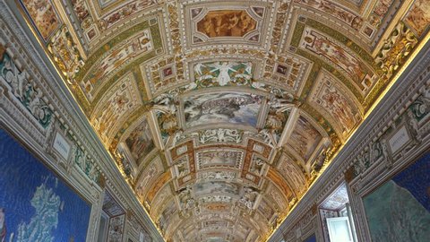 Rome,Italy-May 11, 2016: 4k footage of Galleries in Vatican Museum, Sistine chapel, displaying various work of art by great artists Rome, Italy.