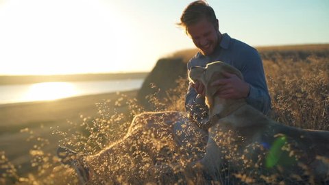 happy male gently caressing old dog in field on sunset