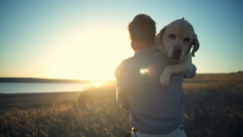 back view of man carrying old dog in sun light slow motion
