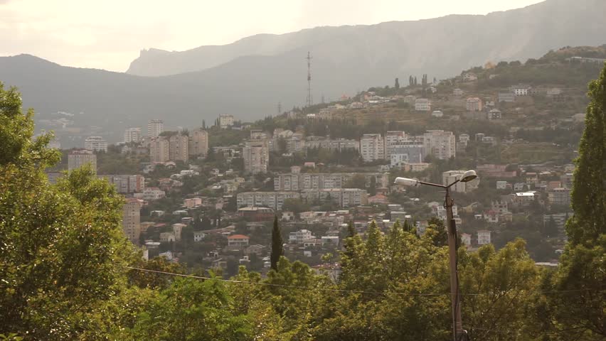 Midday in Yalta with view on TV tower and Ai-Petri Mountain