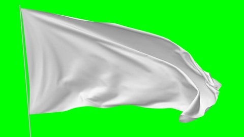 Blank plain white flag with flagpole waving in the wind, surrender flag 3D animation with green screen