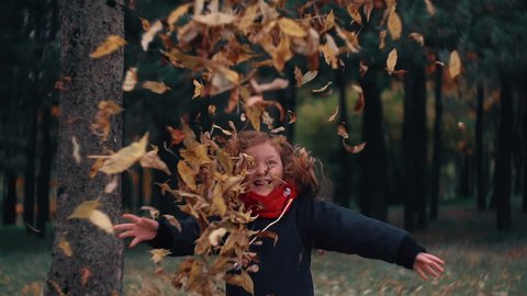 funny, cheerful cute little girl jump throwing up a yellow autumn fallen leaves slow motion