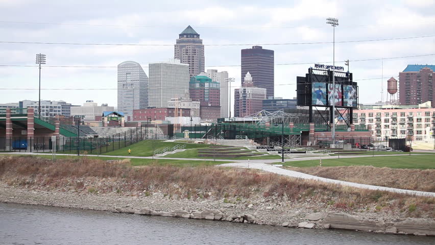 Baseball field and Des Moines cityscape.