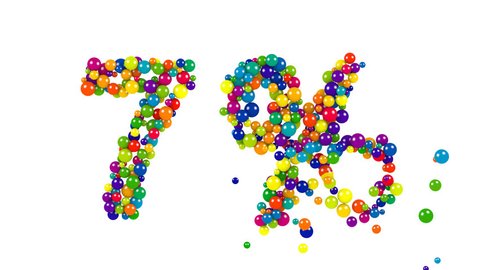 Colorful red, orange, yellow, blue and green spheres in the shape of seven percent over isolated white background