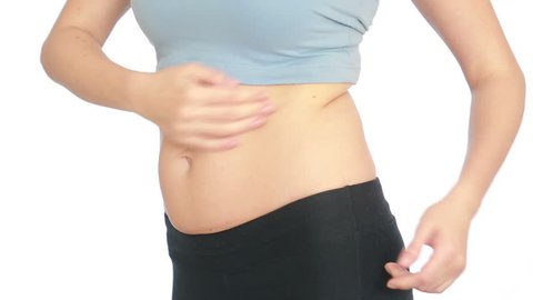 Woman fat belly. Overweight and weight loss concept. girl pulls the stomach