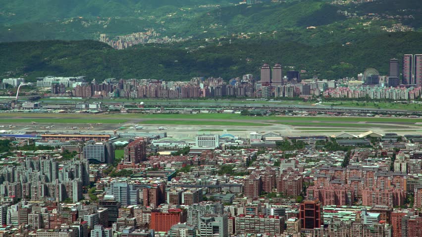 4K Hd Ultra, Aerial view of the Aeroport Taipei city from above of the building 101, High Angle of North Area cityscape with Skyline of Taiwan Capital Daytime-Dan